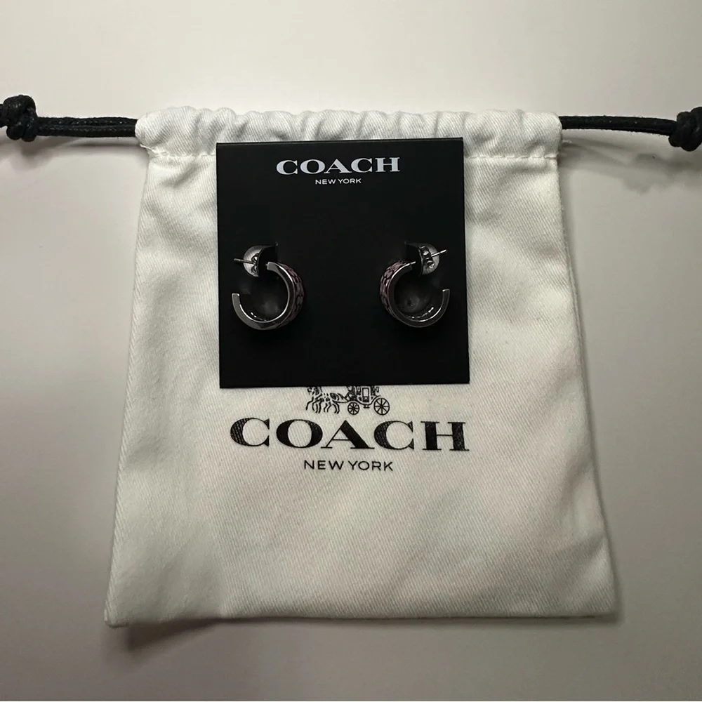 Coach NWT Silver and Pink Enamel Signature Small Huggie Hoops - Picture 8 of 10